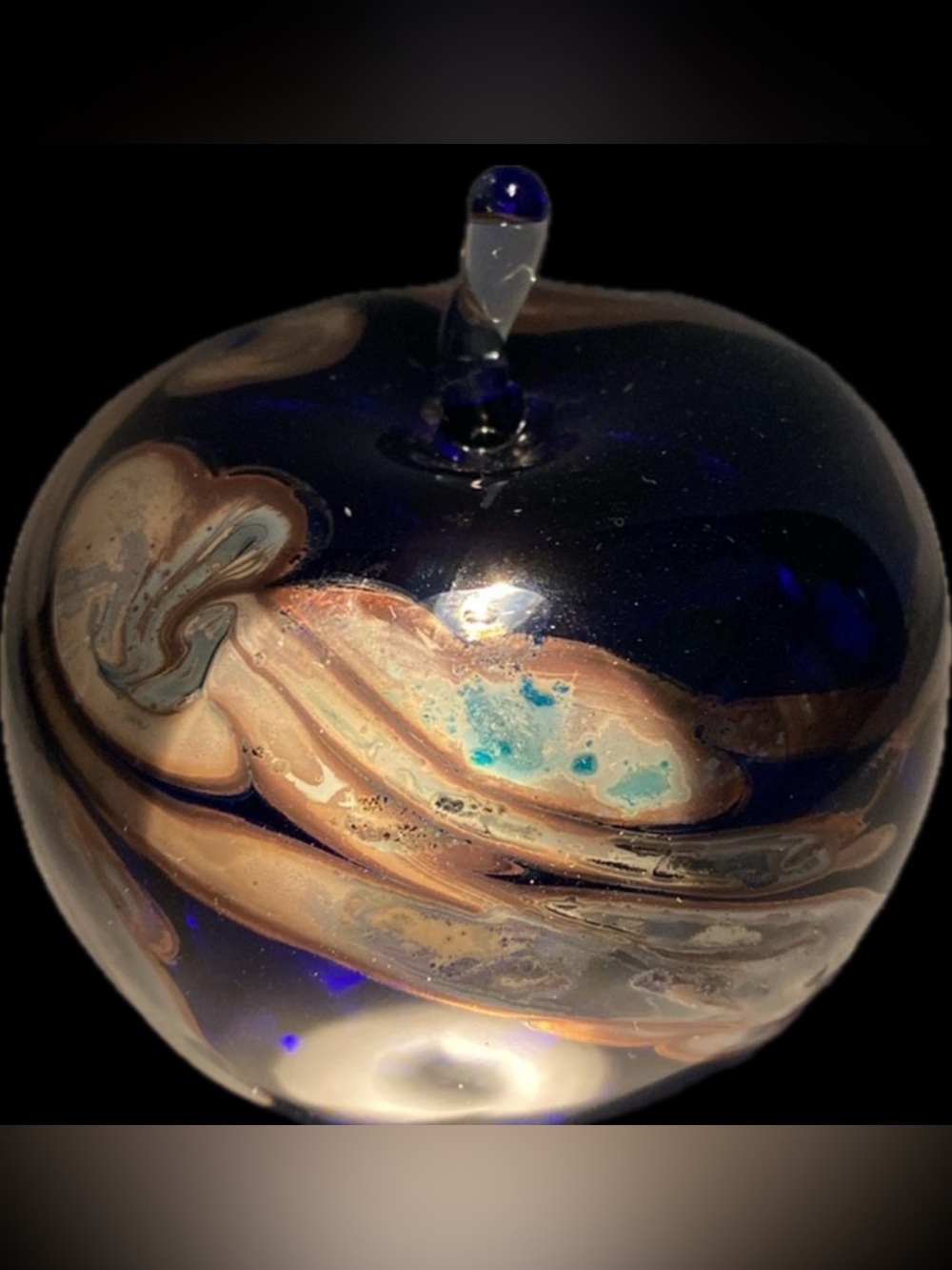 1994 Tom Borg Cobalt Blue W/Gold Shimmer Iridescent Signed Art Glass Paperweight